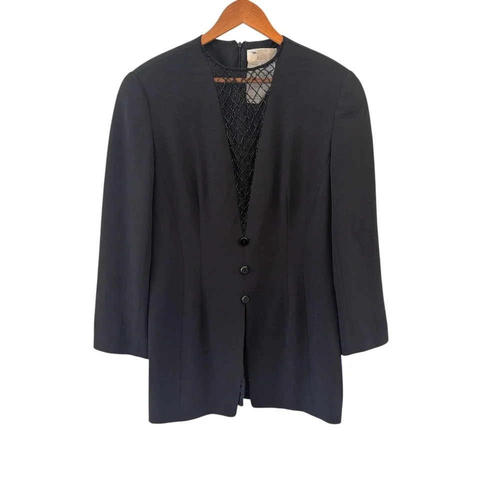 Vintage 90s‎ Badgley Mischka Womens Silk Blend Jacket Size 8 Beaded Mesh Evening